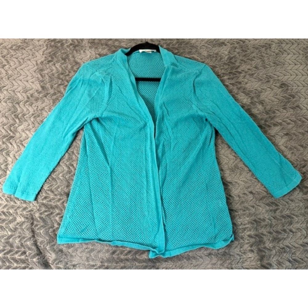 Christopher & Banks Womens Large Blue Open Front Knit Mesh Cardigan Sweater 0252